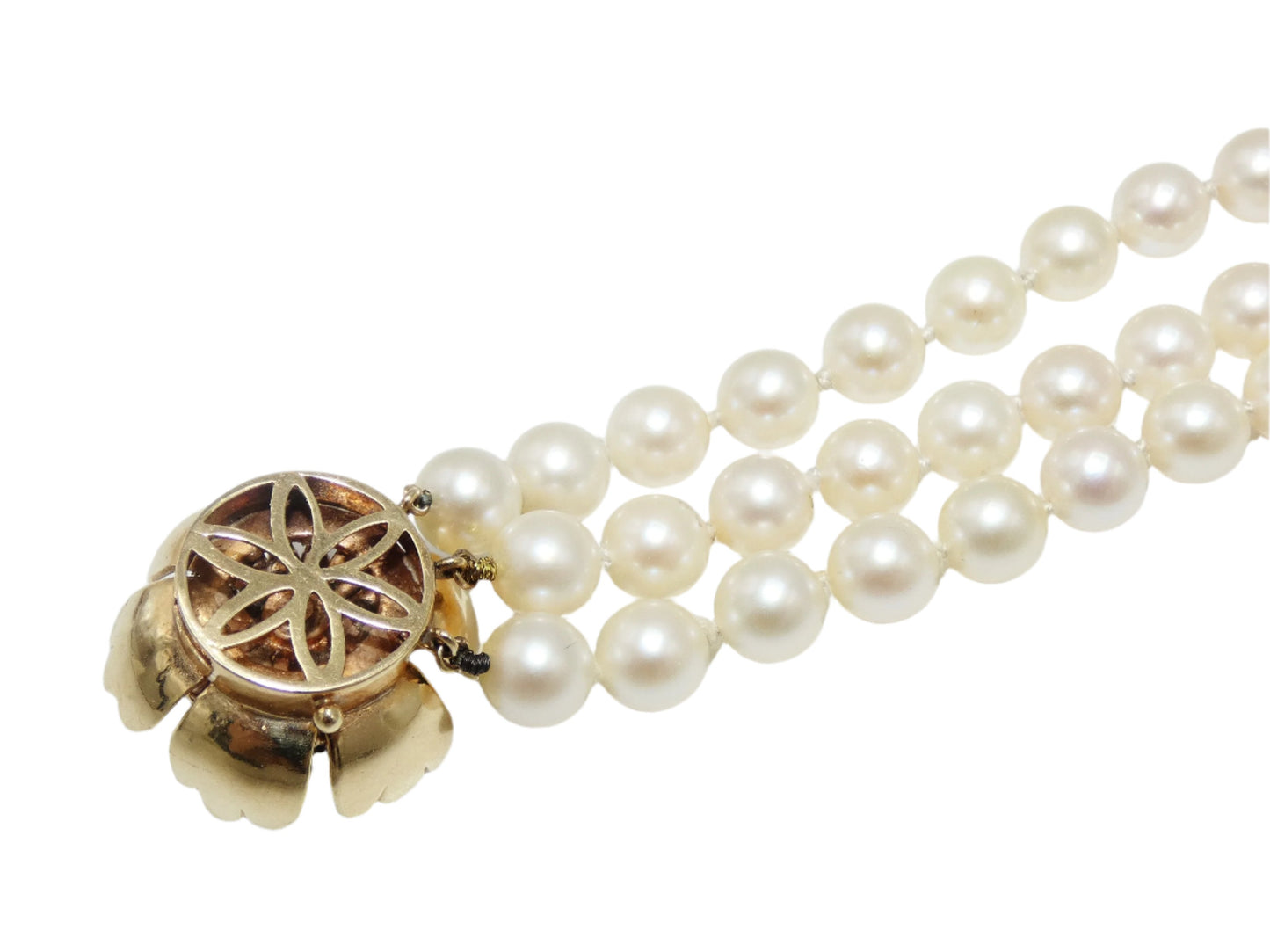 Pearl Bracelet 14K Gold Flower Bracelet with 3 strands of Cultured Peals & Sapphires