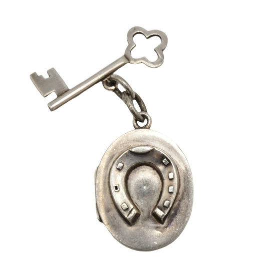 Mourning Jewelry Sterling Horse Shoe Locket and Key Charm