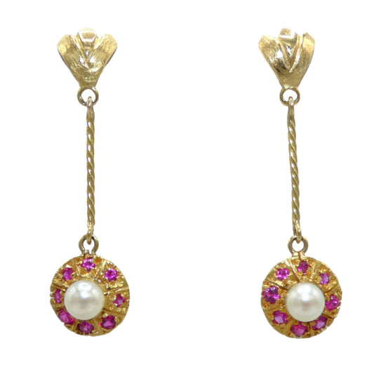 14K Gold Rubies & Pearls Dangle Earrings