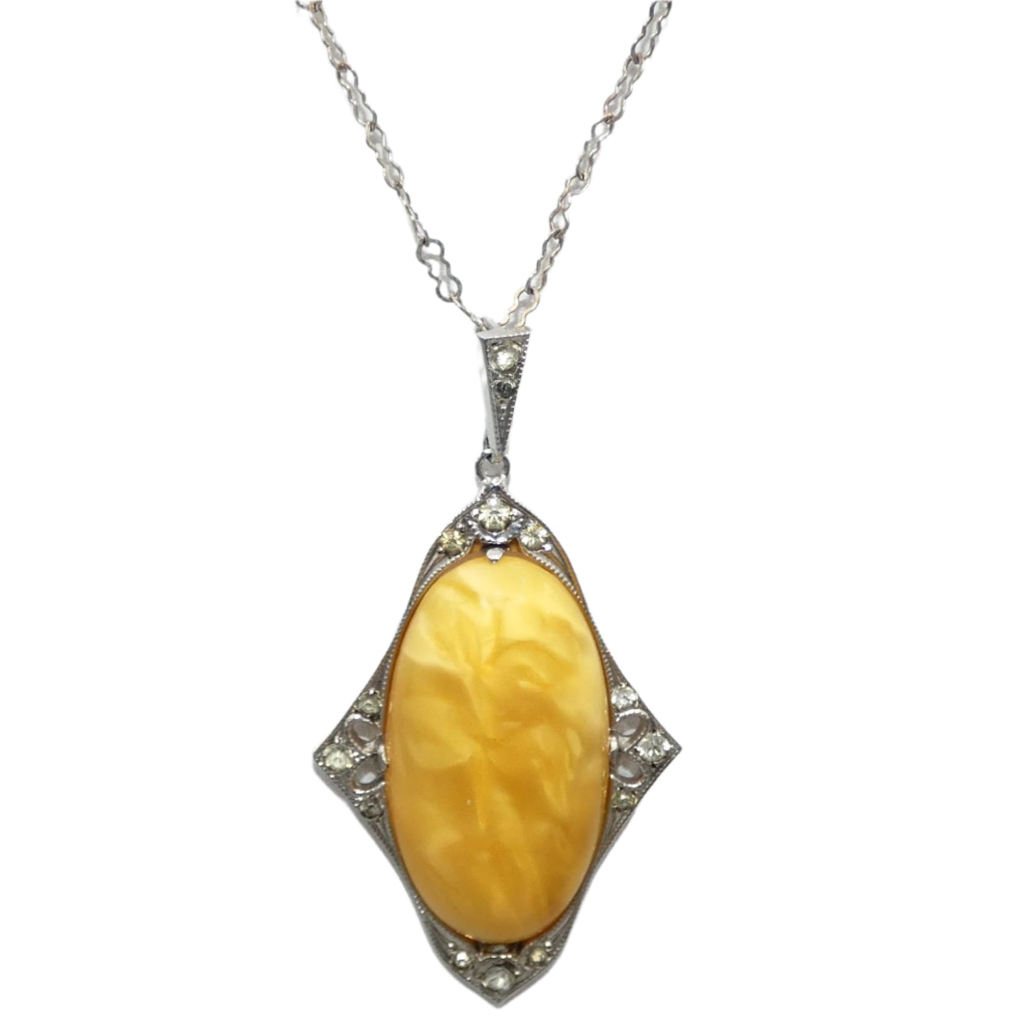 Art Deco Sterling Sterling Silver Egg Yolk Amber Pendant Necklace