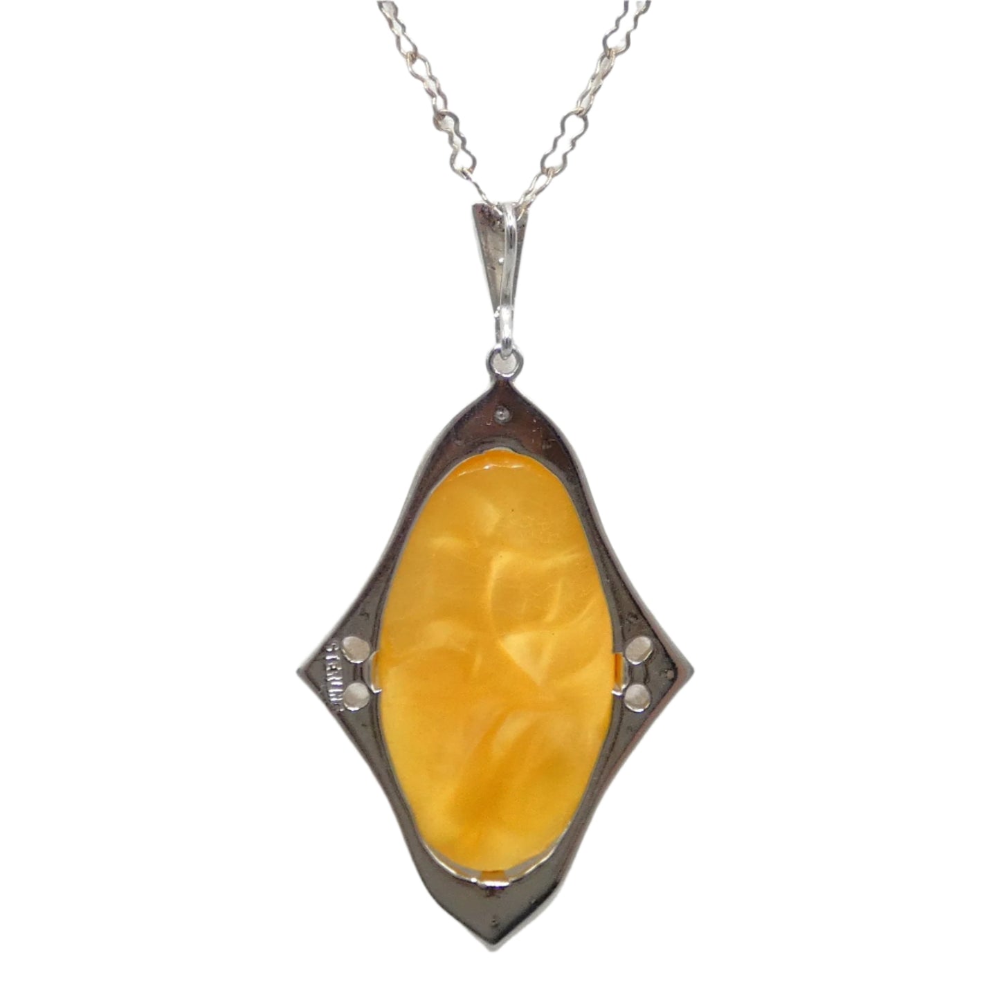 Art Deco Sterling Sterling Silver Egg Yolk Amber Pendant Necklace